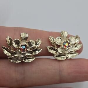 Vintage Judy Lee Earrings Flowers AB Crystal Light Gold Tone Clip On